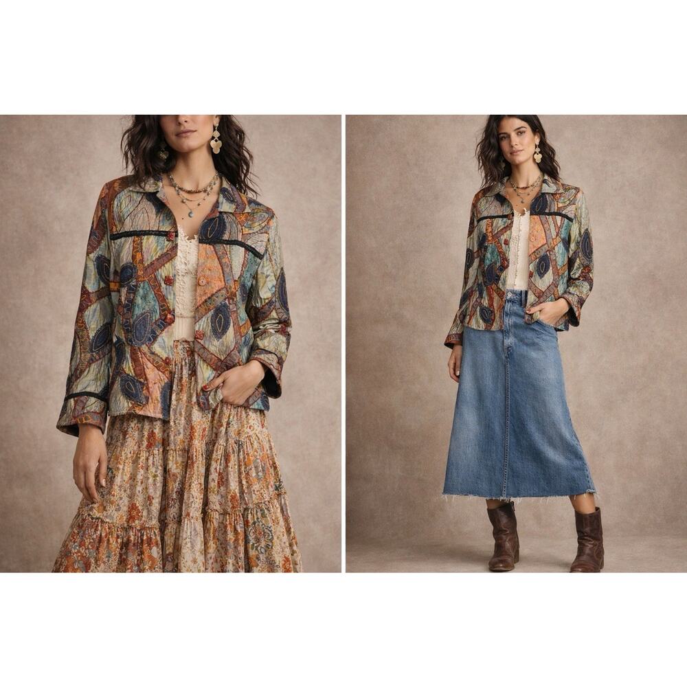 Vintage Art To Wear Silk Jacket Sz L Patchwork Embroidered Beaded Boho 90’s EUC